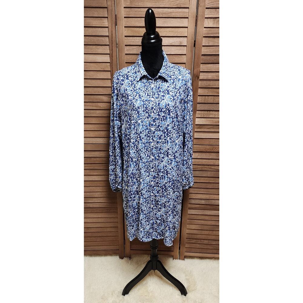 Well Worn Women's Size XL Blue Floral Crepe Long-Sleeve Collared Button-Up Dress